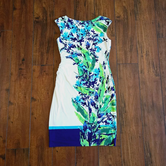 Lauren Ralph Lauren Blue Green White Summer Floral Sleeveless Ruched Dress Sz 10 - Picture 4 of 9